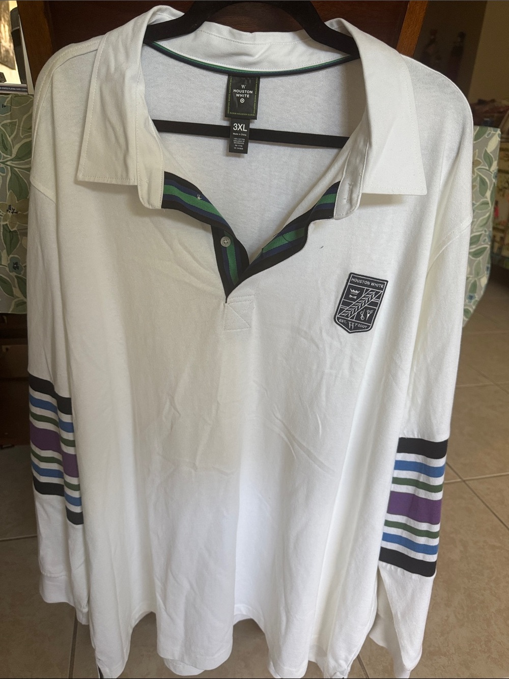 White Long-Sleeve Rugby Polo with Green & Purple Stripe Accents by Houston White